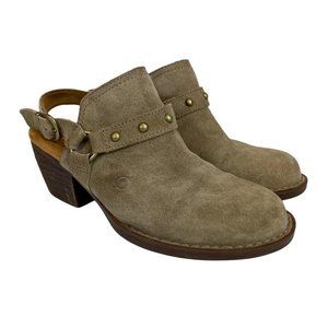 Born Bagley Clogs Mules 7 Suede Leather Studded Taupe Harness Buckle‎
